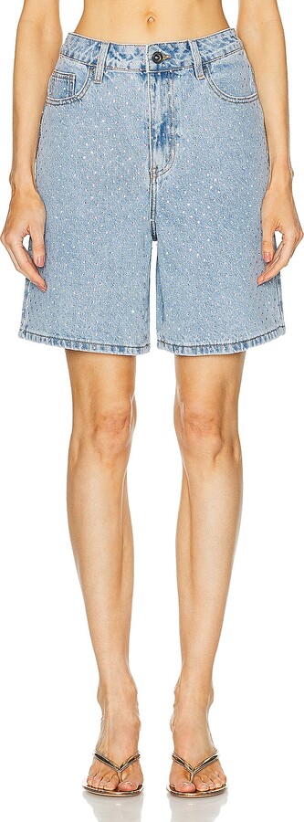 self-portrait Rhinestone Denim Shorts in Denim-Light