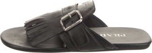 Prada Cashmere Slides Black Crochet Trim Buckle Closure at Ankles Includes Additional Heel Caps Designer
