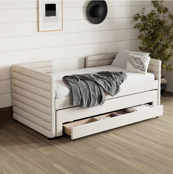 ModernLuxe ModernLuxeTwinSizeUpholsteredDaybedFramewithTrundle&3StorageDrawersShort-hairedLinenSofaBedforGuestRoomBeige