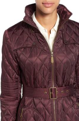 Vince Camuto Belted Mixed Quilted Coat with Detachable Hood
