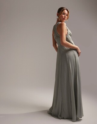 ASOS DESIGN Bridesmaid ruched bodice drape maxi dress with wrap waist in Olive