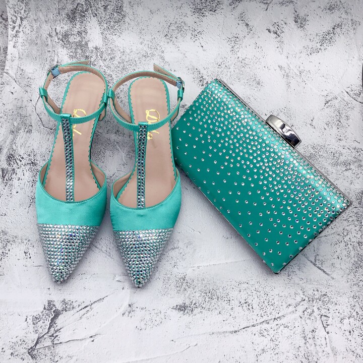 EVA LUO BS1499 Customizable Various Heel Women Bridal wedding Shoes Light Green Crystal Pointed toe Shoes with Matching Bags Set
