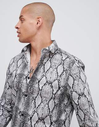 ASOS DESIGN stretch slim snakeskin printed shirt in gray