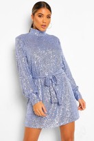 Thumbnail for your product : boohoo Sequin High Neck Long Sleeve Tie Waist Mini Dress