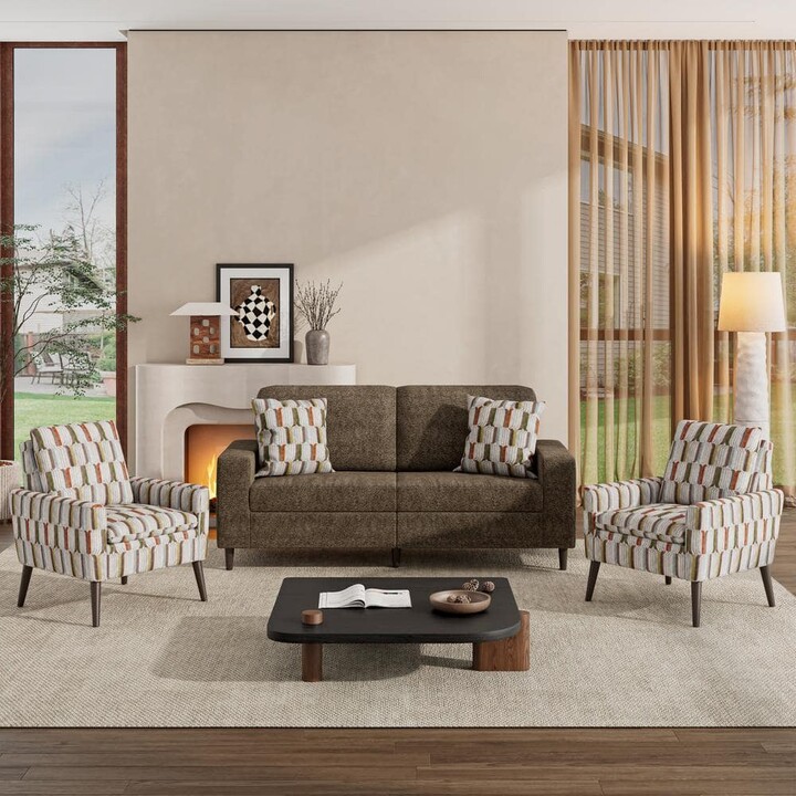 Handy Living Wilmington Mid-Century Modern 3-Piece Mocha Boucle and Brown, Green and Blue Stripe Fabric Small Space Living Room Set