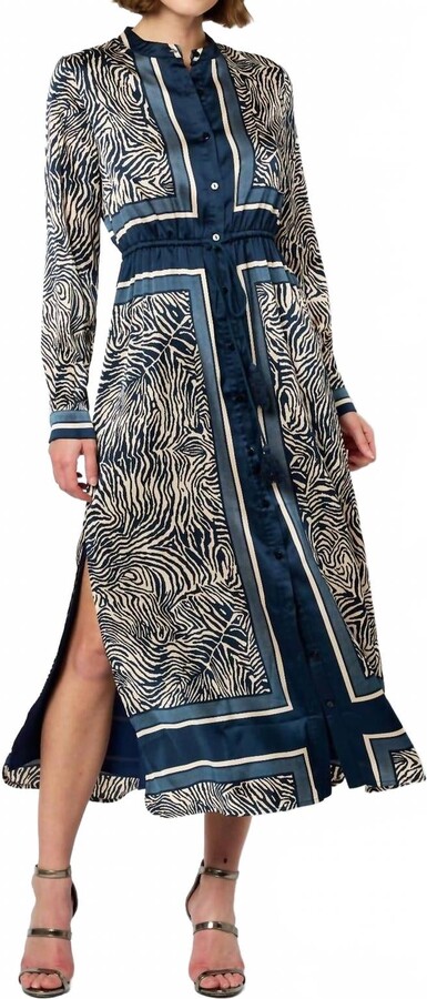 CIEBON Coco Animal Print Long Sleeve Shirt Midi Dress In Navy