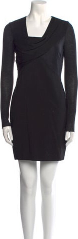 Helmut Lang Dress Black Pleated & Raw-Edge Accents Long Sleeve with Cowl Neck Exposed Zip Closure at Back Designer