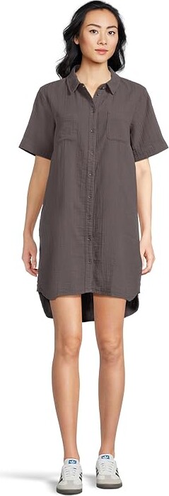 Mod-o-doc Half Sleeve Swing Shirt Dress Women's Dress Washed Ebony : LG (US 12-14), Cotton