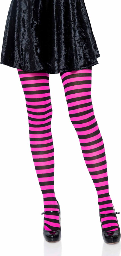 Leg Avenue Women’s Nylon Striped Tights, Black/Neon Pink, One Size