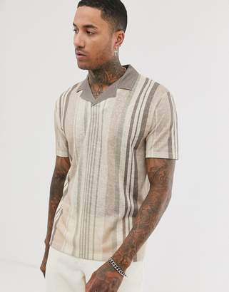 ASOS DESIGN relaxed revere polo in natural vertical stripe colours