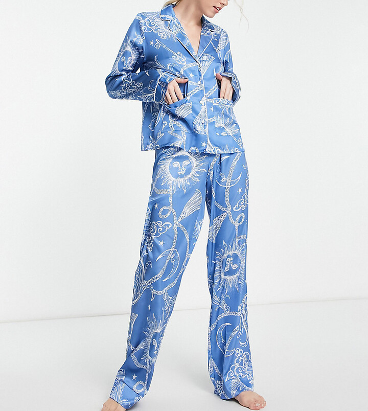 Loungeable Ombre Satin Camp Collar Pajama Set in Navy