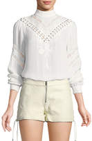 Thumbnail for your product : Haute Hippie Old West Long-Sleeve Silk Blouse with Embroidery & Lace Trim