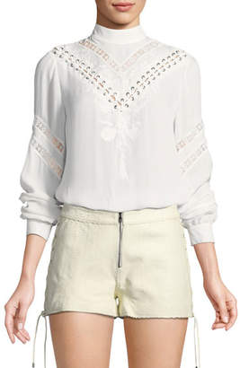 Haute Hippie Old West Long-Sleeve Silk Blouse with Embroidery & Lace Trim