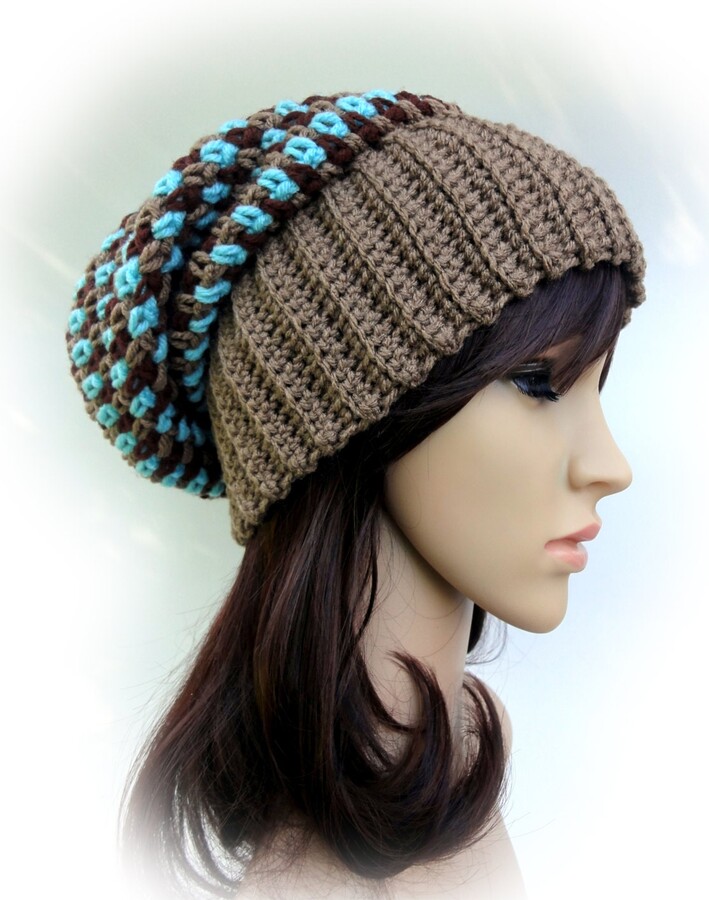 Etsy Sale. Ready To Ship. Crochet Slouchy Hat. Cafe Latte, Brown & Aqua Women's Fashion Warm Autumn Fall Winter Accessory