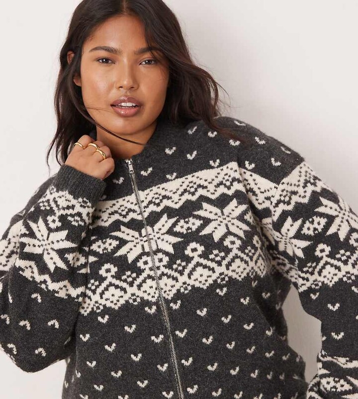 ASOS Curve ASOS DESIGN Curve knitted collar zip through cardigan with fairisle pattern in charcoal and cream