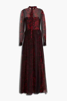 Valentino Pussy-bow cutout pleated floral-print silk-voile gown