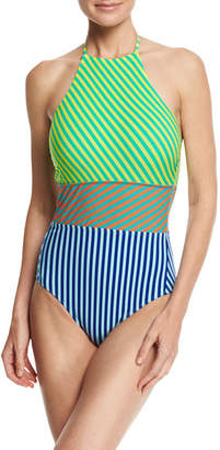 Diane von Furstenberg Striped Panel Halter-Neck One-Piece Swimsuit, Multicolor