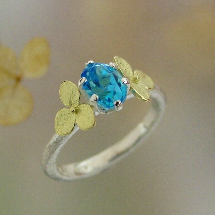 Etsy Blue Topaz Gemstone Ring, Alternative Engagement Unique Engagement, 18K Gold Hydrangea, Silver Made To Order
