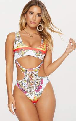 PrettyLittleThing White Baroque Under Bust Cut Out Swimsuit