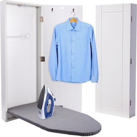 Ivation Wall-Mounted Ironing Board Cabinet, Foldable Ironing Storage Station for Home, Apartment, Easy-Release Lever, Garment Hooks, White