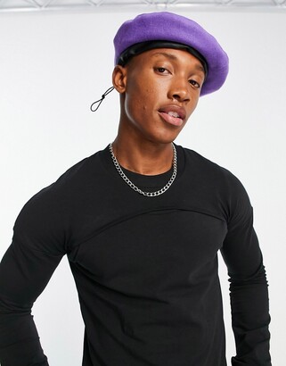 ASOS DESIGN beret with faux leather trim in amethyst - ShopStyle Hats