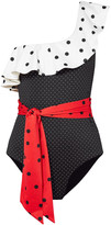 Thumbnail for your product : Ganni Prentis One-shoulder Ruffled Polka-dot Color-block Swimsuit