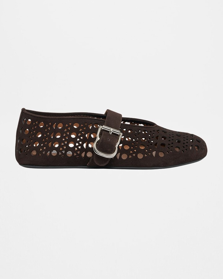 Alaia Vienne Perforated Suede Buckle Ballerina Flats