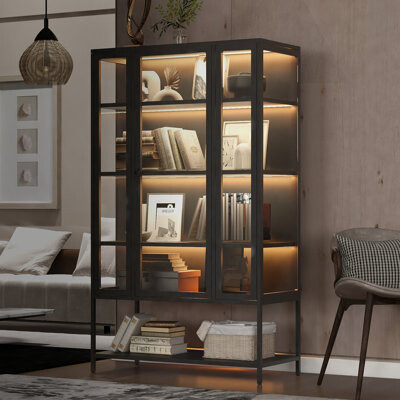Trent Austin Design 67.25'' Tall 3 Sided Display Curio Cabinet With Glass Doors And Led Lighting For Collectibles Black