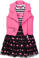 Thumbnail for your product : Betsey Johnson Striped Top & Flocked Tulle Bottom Dress & Moto Vest Set (Toddler Girls)