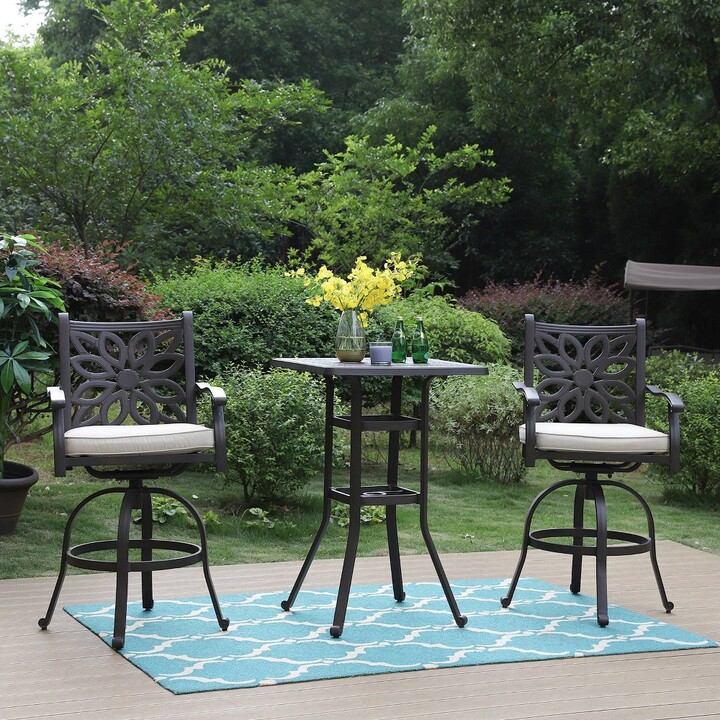3pc Outdoor Square Cast Aluminum Bar Table & Swivel Chairs Captiva
