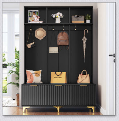 Modern Large Storage Hall Tree with Bench, Multi-functional Entryway Organizer with High Gloss Fluted Doors and 6 Gold Hooks