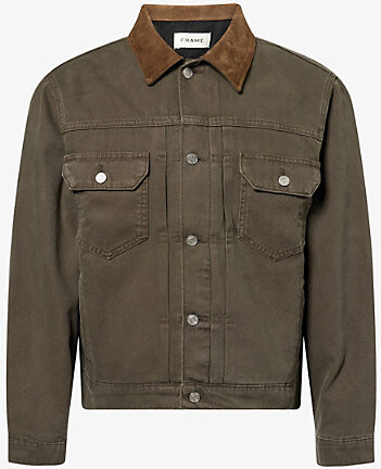 Frame Mens Antique Dark Olive Suede-Collar Cotton-Canvas Trucker Jacket L