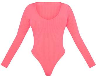 PrettyLittleThing Neon Pink Rib Plunge Long Sleeve Bodysuit