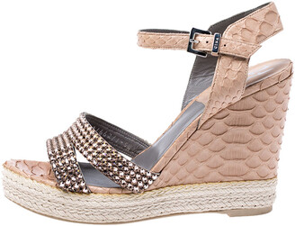 Gina Beige Python Leather Crystal Embellished Wedge Platform Sandals Size 38.5