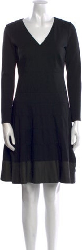 Rene Lezard A-Line Dress Black Three-Quarter Sleeve with V-Neck Concealed Zip Closure at Back