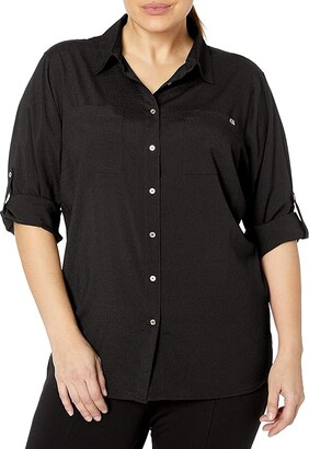 Calvin Klein Women's Roll Sleeve Tunic Blouse (Regular and Plus Sizes)  (Black) Women's Clothing - ShopStyle Tops