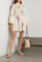 Thumbnail for your product : Zimmermann Jude Belted Lace-trimmed Floral-print Linen Mini Dress - Off-white - 00