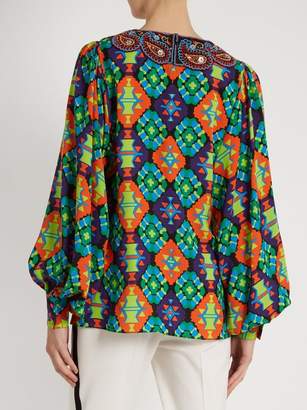 Andrew Gn Geometric-print Silk-blend Crepe Blouse - Womens - Green Multi