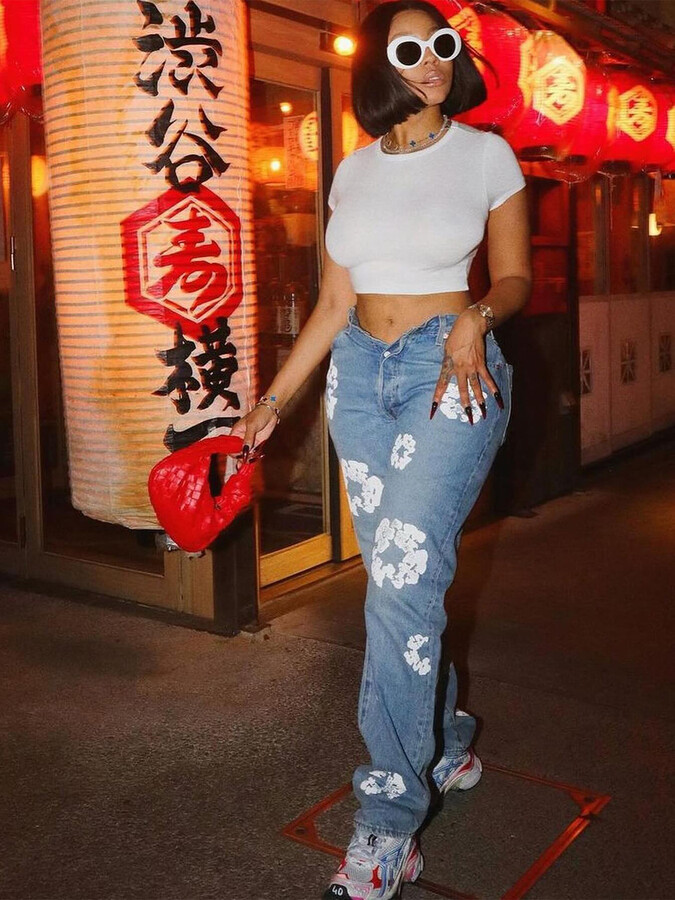 Trend nova Wholesale Women & apos;s Denim Pants Spring Autumn Fashion Casual Daisy Flower High Waist Straight Fit Stretch Jeans Trousers