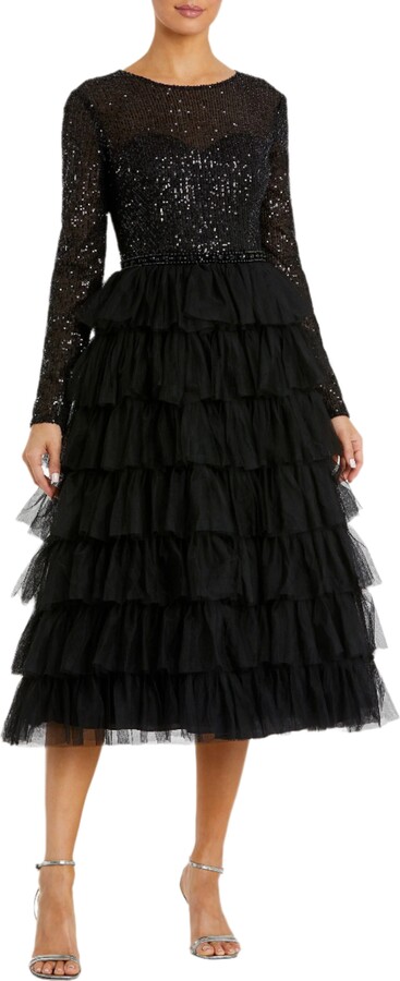 Sequined Layered Tulle A-Line Cocktail Dress