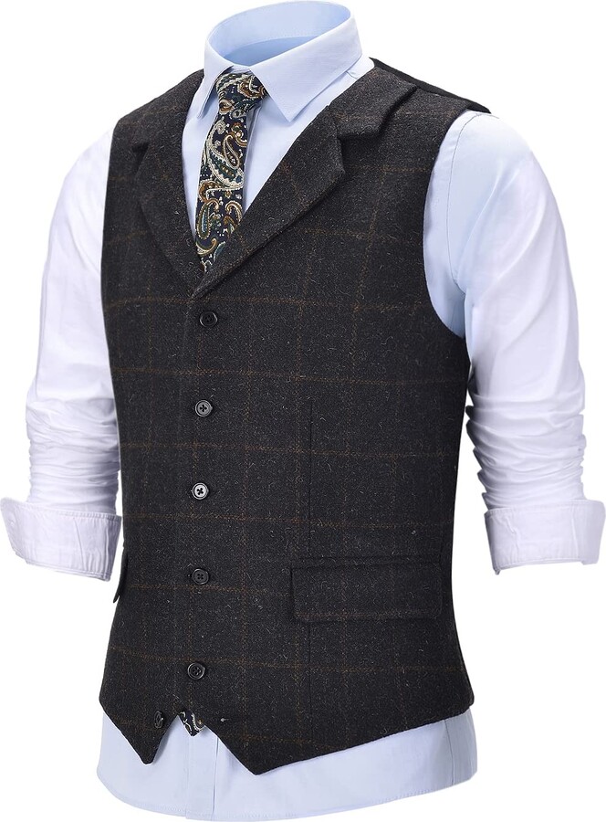 SoloveSuit Men's Scottish Plaid Notch Lapel Slim Fit Vintage Waistcoat