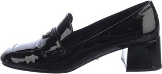 Prada Patent Leather Pumps Black Plaid Print Enameled Metal Triangle Square-Toes Includes Box Designer
