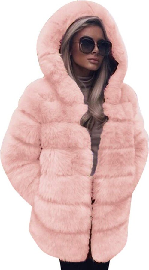 pink fluffy coat with hood
