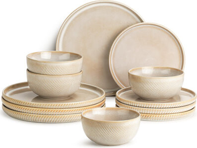 Hokku Designs Stoneware Dinnerware Sets For 4 12-Piece Scratch Resistant Plates And Bowls Set Dishwasher And Microwave Safe Ceramic Dishes Set Ribbed Sculpted D