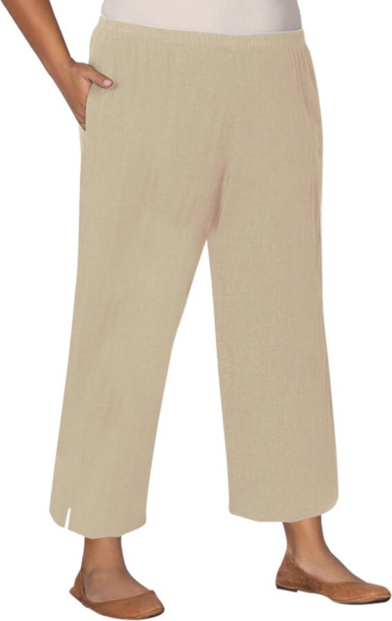 On The Plus Side Linen Pull On Wide Leg Flood Pants - Plus In Khaki