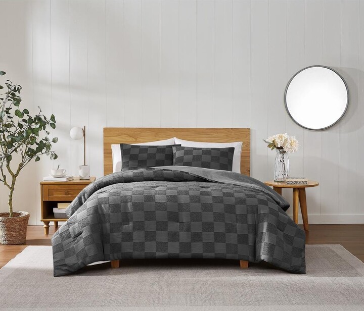 Truly Soft Textured Check Polyester Grey King 3 Piece Comforter Set