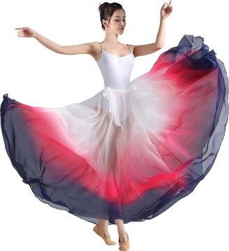 Z&X Women's Lyrical Dance Skirt Gradient Color Chiffon Long Swing Sheer Wrap Skirts for Modern Ballet Performance Costume Red White