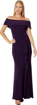 Xscape Evenings Long Ity Off-the-Shoulder Side Ruched (Plum) Women's Dress