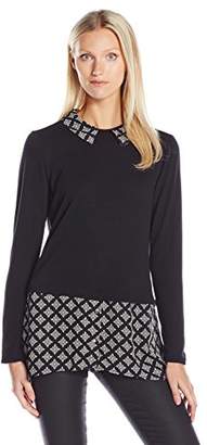 NY Collection Women's Solid Long Sleeve Blouse with Hi Low Hem and Print Tuck Front Yoke