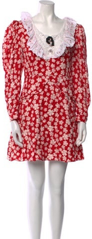 Miu Miu Floral Print Shift Dress From the 2020 Collection by Miuccia Prada Red Floral Print Lace Trim Embellishment Long Sleeve with Scoop Neck Designer